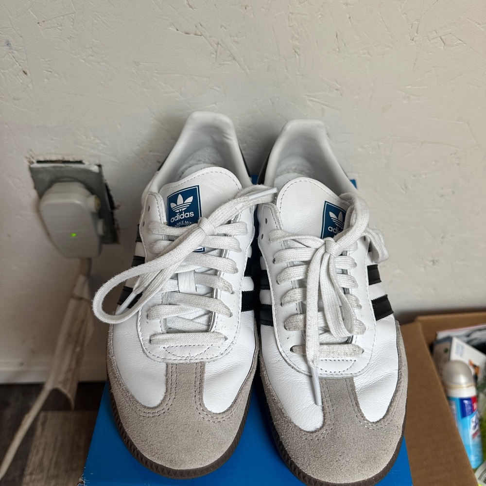 Adidas Samba White and Tan Sneakers with Black Stripes woman’s